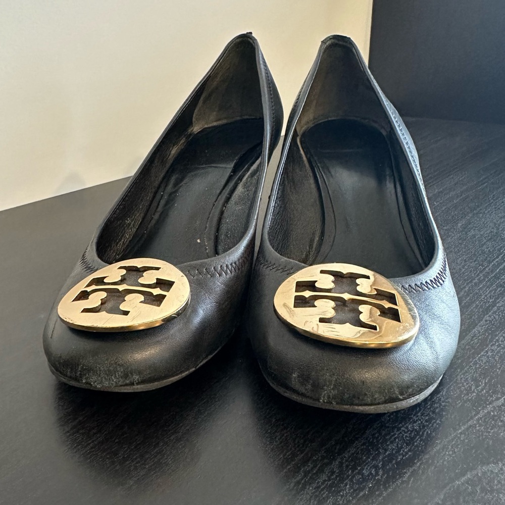 Tory Burch Black and Gold Sally Closed Toe Wedge, Size 7 W